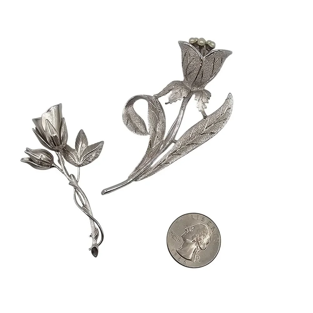2PC Brooch SilverTone Spring Tulip Lily Floral Lapel Pin Brooch Lot Stmt Elegant